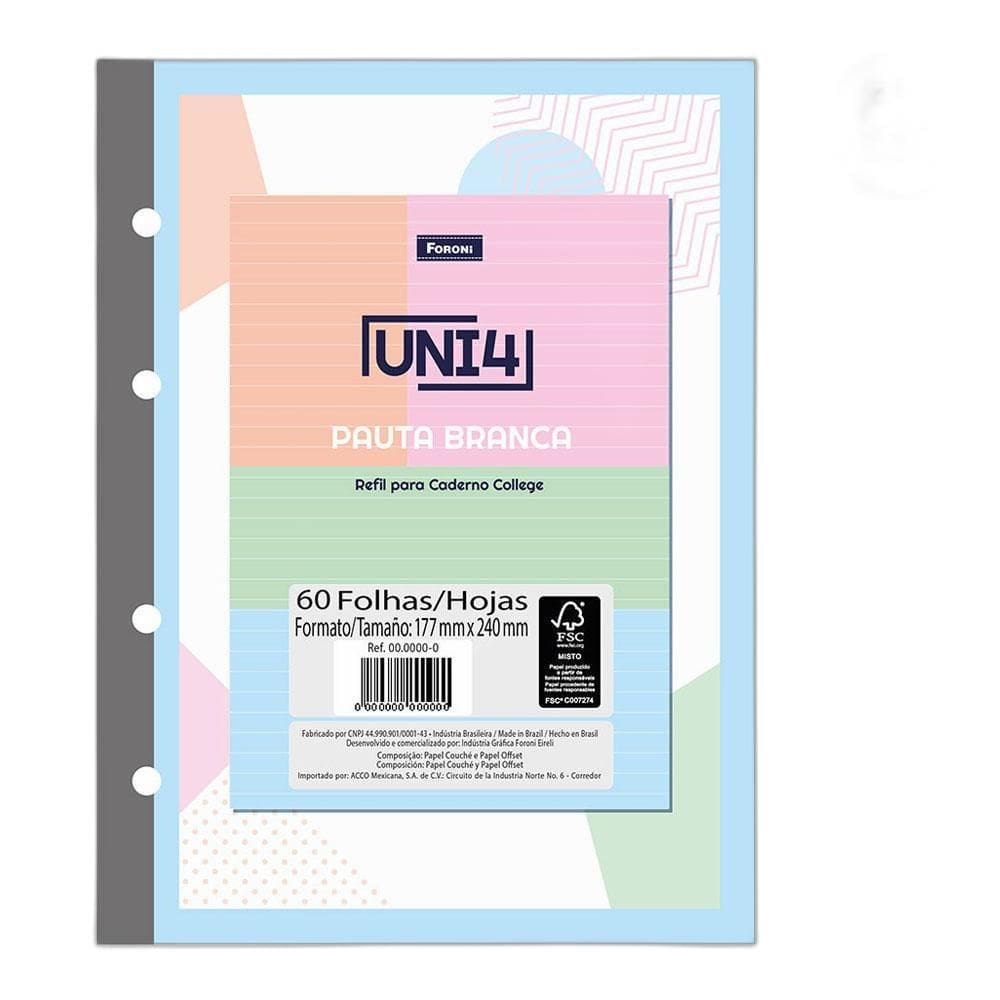 Bloco Fichário Coleg Uni4 Pauta Branca Colors 60Fls Foroni
