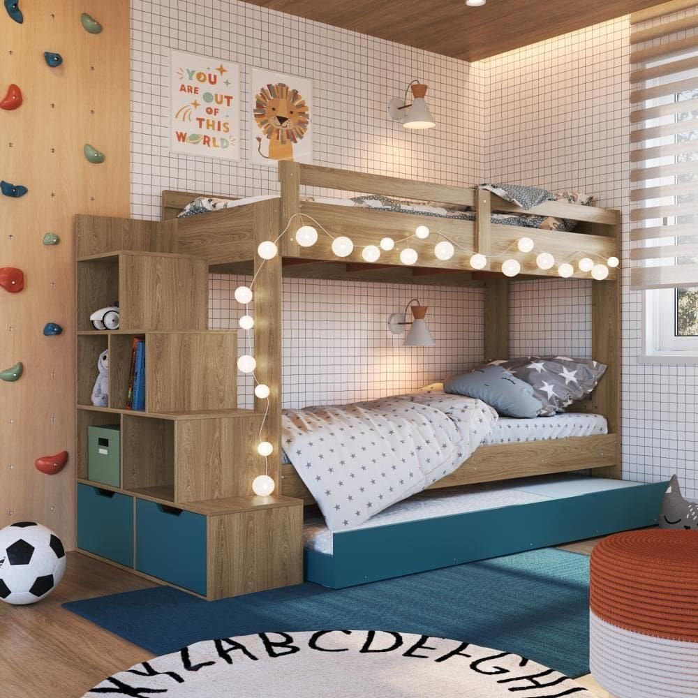 Cama Treliche Infantil Bicama Menino Menina 2,32m Com Escada, Nichos E Gavetas Aveiro Com Azul
