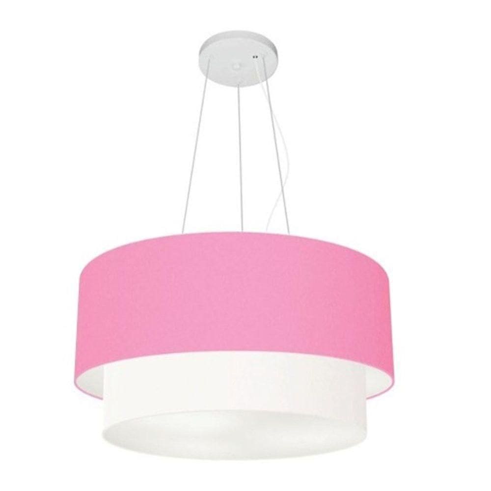 Lustre Pendente Duplo Cilíndrico Vivare Md-4369 Cúpula Tecido 45x40cm - Bivolt Branco-rosa-bebê 127/220v