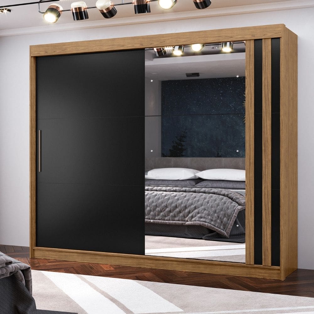 Guarda Roupa Casal Ripado com Espelho 2 Portas de Correr em MDF Seul Visão Móveis