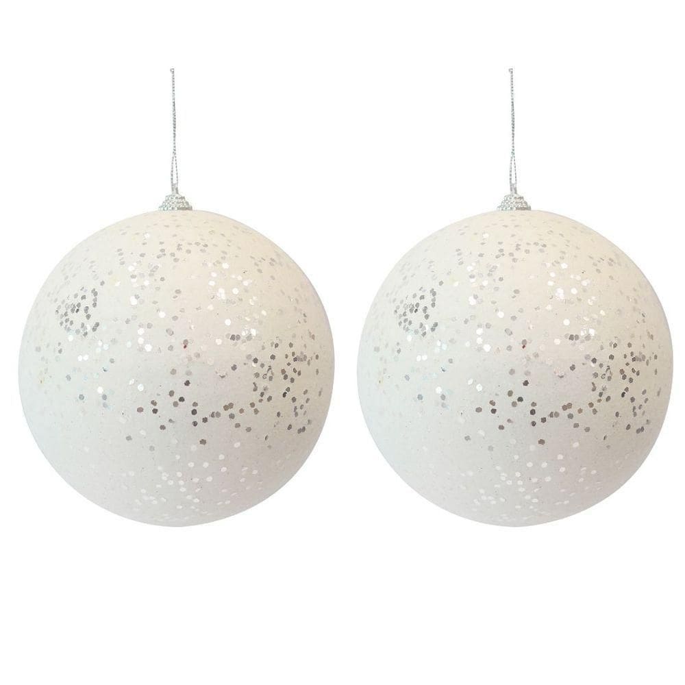 Jogo 2 Bolas De Natal Brancas Glitter E Lantejoulas 12cm Luxo