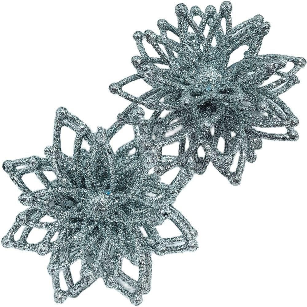 Pendentes Enfeite Natalino Flores Com Gliter Prata Kit 12pçs