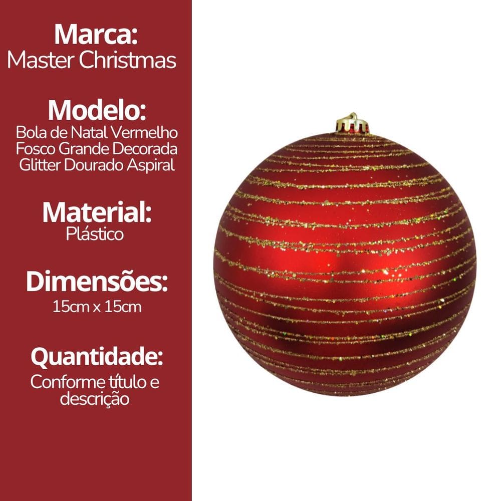 Jogo 2 Bolas de Natal Grande Vermelho Fosco com Espiral Glitter Dourado 15cm Decorativa Premium