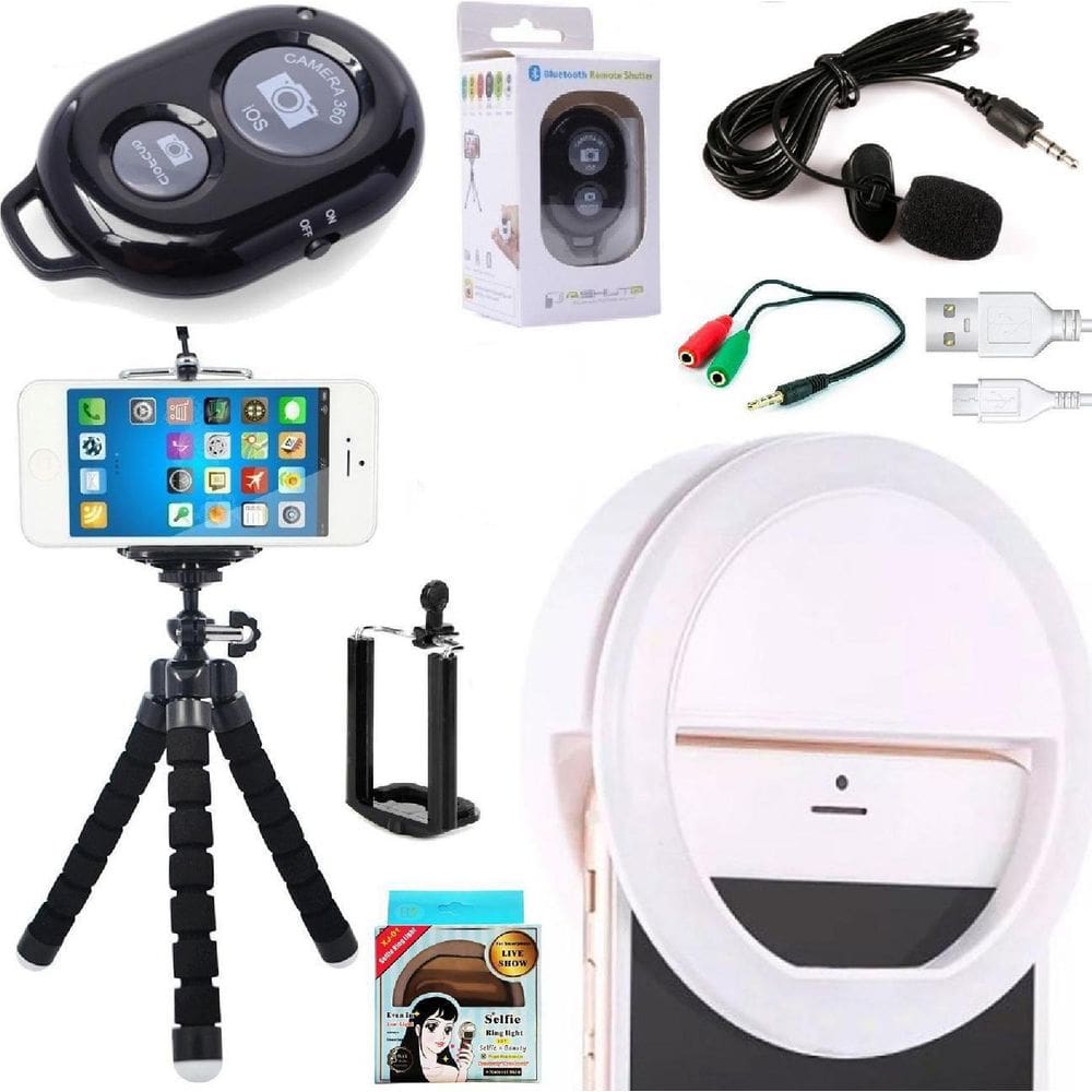 Kit Tripé Celular+Microfone Lapela Anel Ring Light+Controle