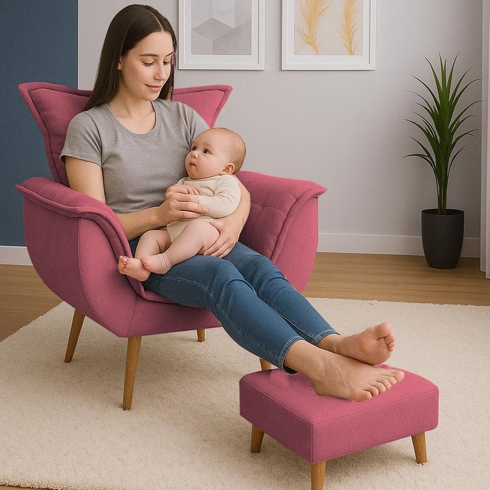 Poltrona De Descanso Alana Com Puff Suede Rosa