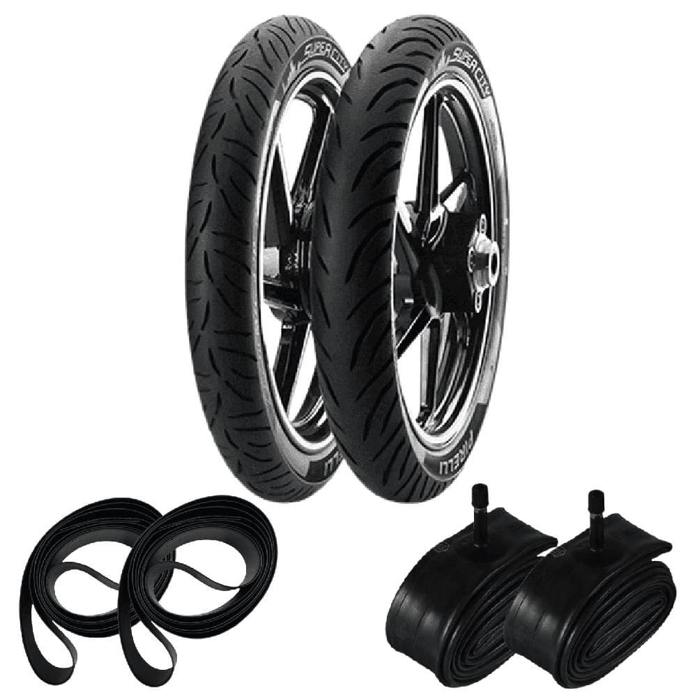 Kit Pneu Biz 125 Pop 110i Win 110 80/100-14 + 60/100-17 Super City Pirelli + Câmaras + Cintas
