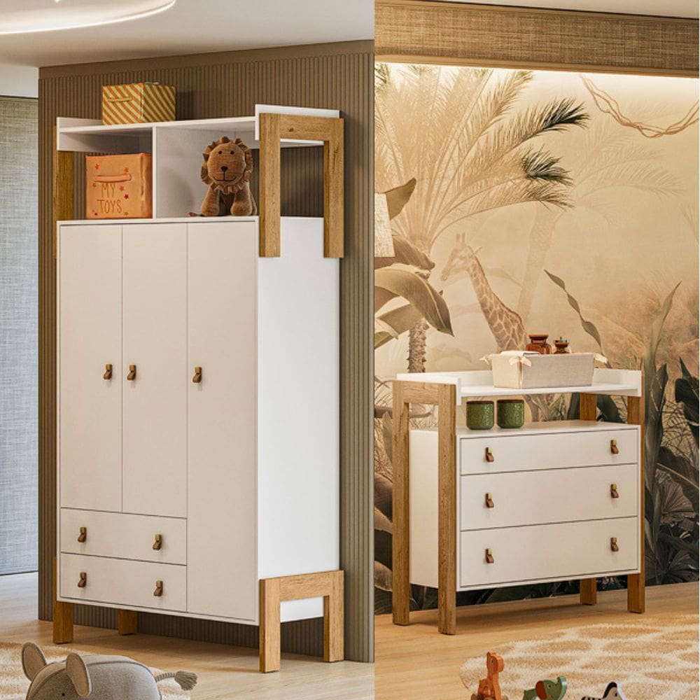 Quarto de Bebê  Guarda-Roupa 3 portas 2 Gavetas e Cômoda 3 Gavetas Fantasia Qmovi