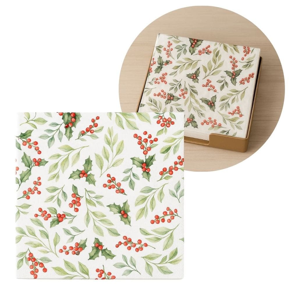 Guardanapo de Natal Estampado Folhagens Azevinhos 25x25cm Folha Dupla Prime Pacote 20 Unidades