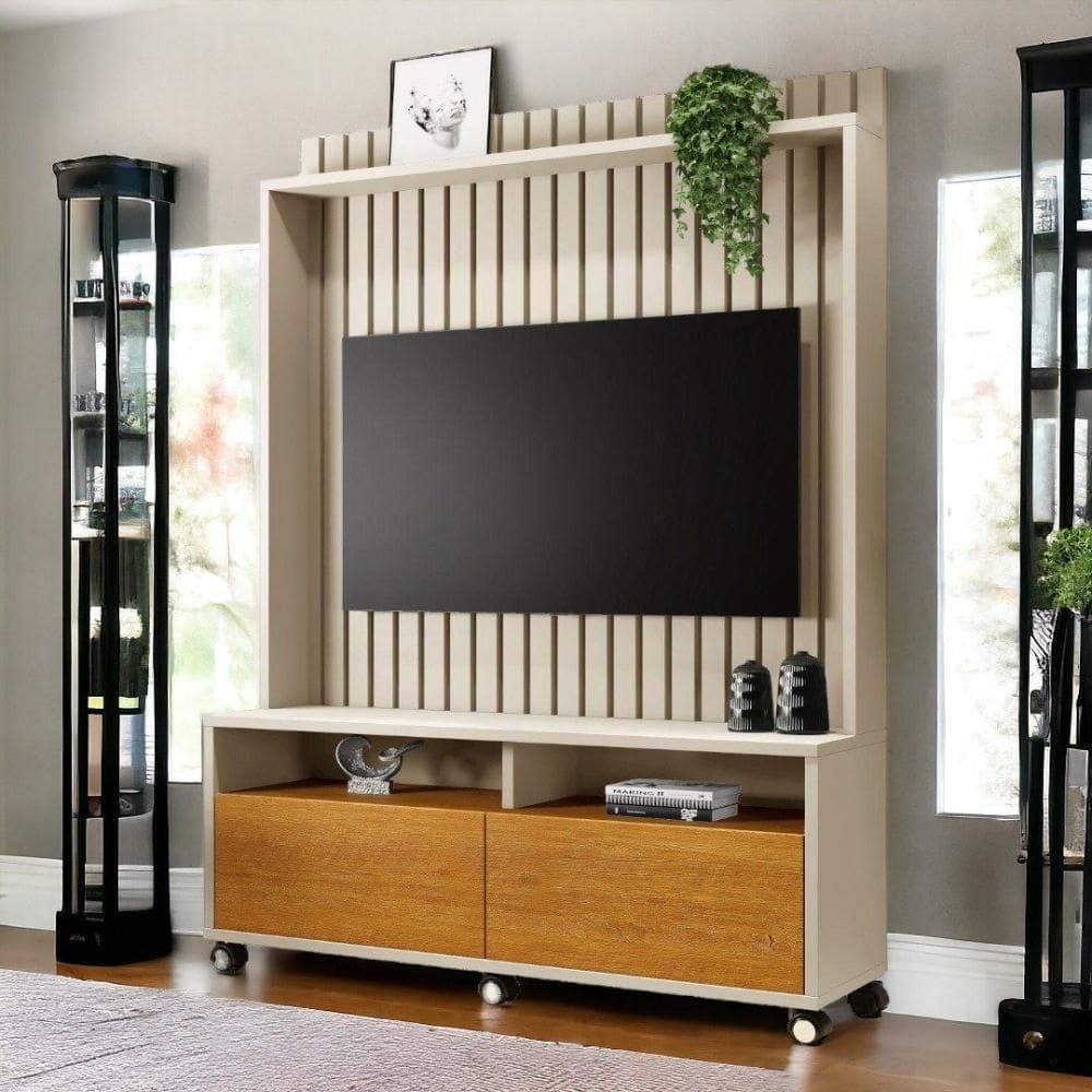 Estante Home para TVs 50” Estilos Off e Naturalle Ripado Carmolar