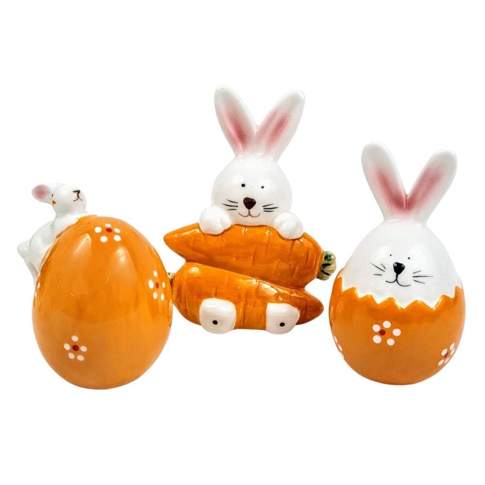 Kit 3 Coelho De Páscoa De Porcelana Ovo Decorativo Cenoura