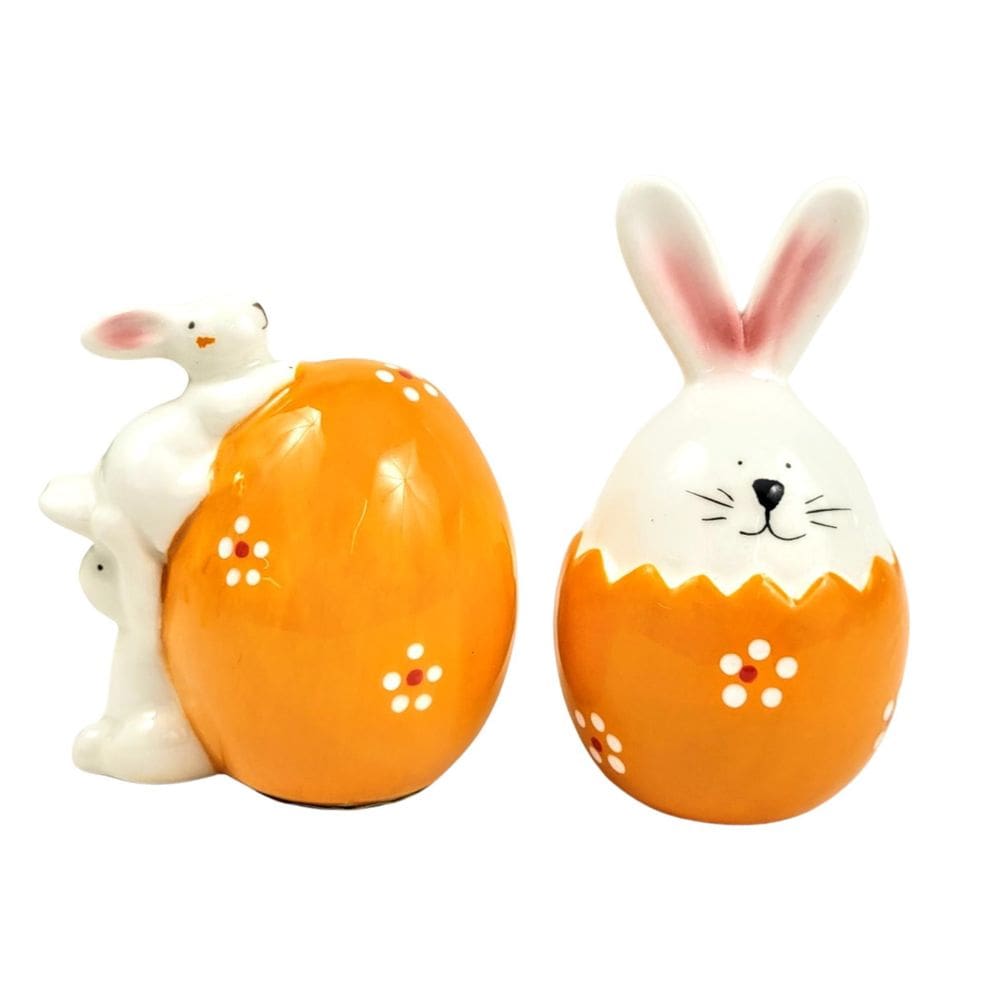 Kit 2 Coelho De Páscoa De Porcelana Ovo Decorativo