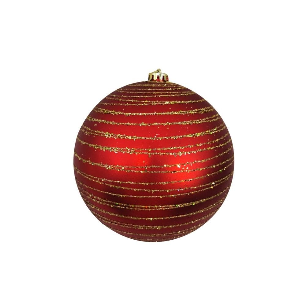 Bola de Natal Grande Vermelho Fosco com Espiral Glitter Dourado 15cm Decorativa Premium