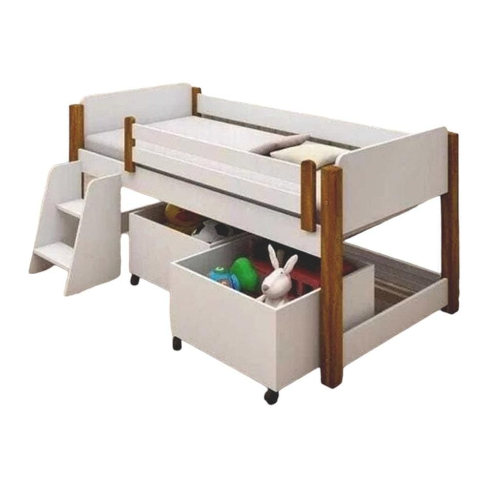 Cama Naty Branco/néctar das flores c/ Colchão, 02 Nichos e Escadinha