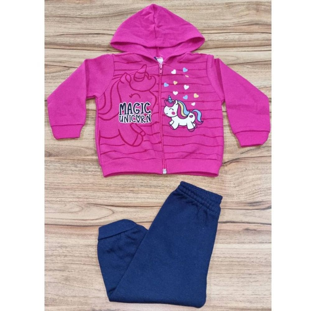 Conjunto Infantil Feminino Inverno Capuz Pink Unicórnio/Corações G