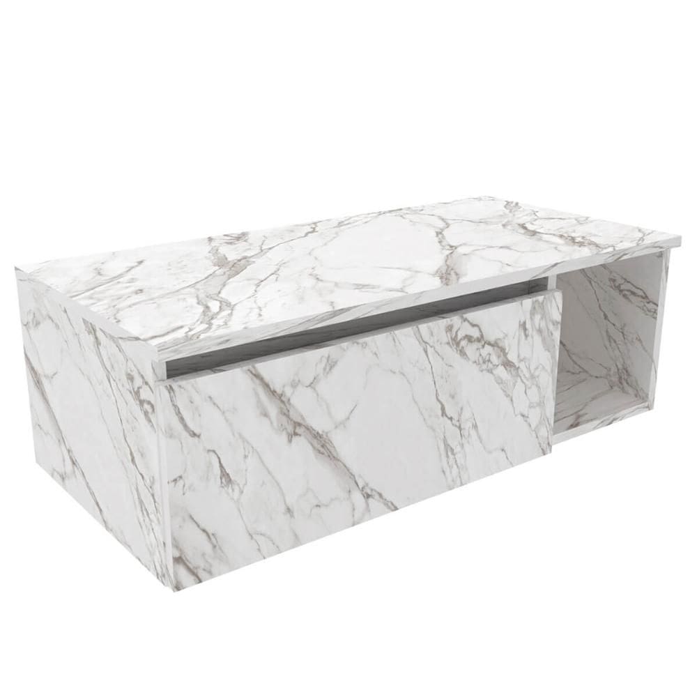 Gabinete Suspenso de Banheiro em MDP 80cm Branco Marmorizado com 1 Porta e Nicho Lateral Balcão Sem Cuba