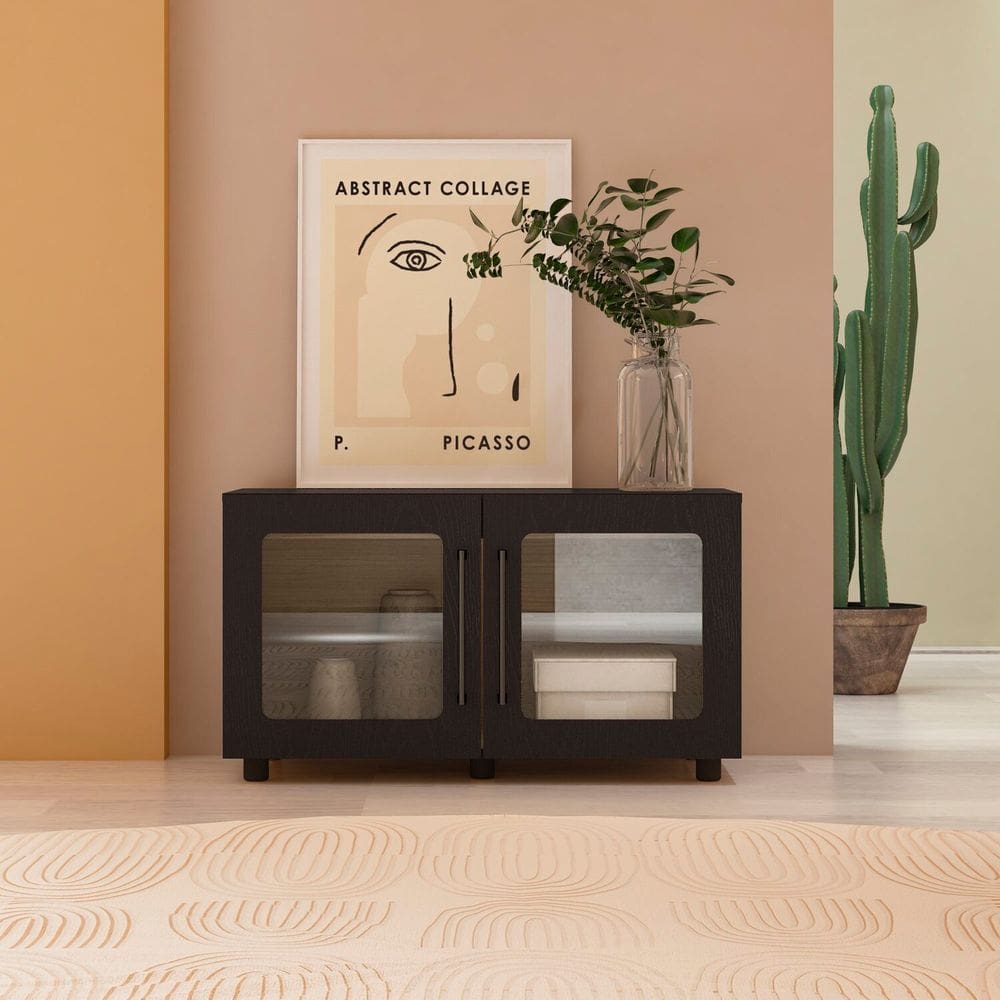 Balcão 100% MDF com Vidro e 2 Portas Mia Yescasa Preto / Riviera