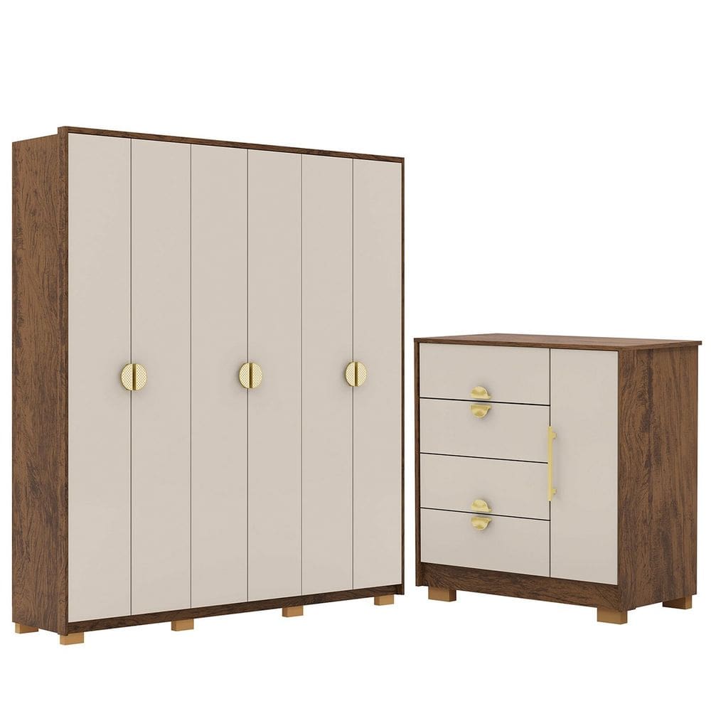 Guarda-Roupa 6 Portas 100% MDF e Cômoda Sapateira 4 Gavetas Spain