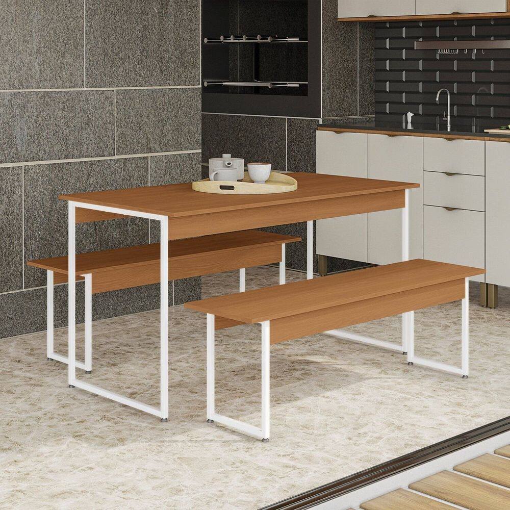 Mesa de Jantar com 2 Bancos Li013 136cm Crome Industrial Canela/Branco Brilho
