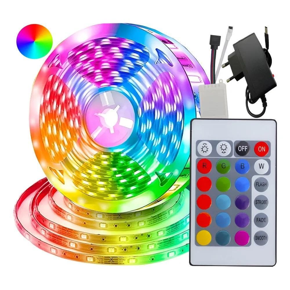 10X Fita Led Rgb 5M 5050 + Fonte + Controle 16 Cores