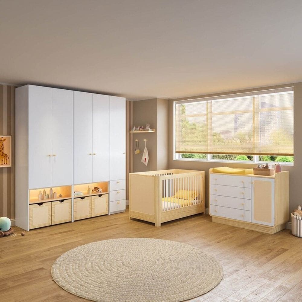 Conjunto de Quarto Completo Infantil Wave com Berço, Cômoda e Guarda Roupas Modulados Wave Casatema Branco/Natural