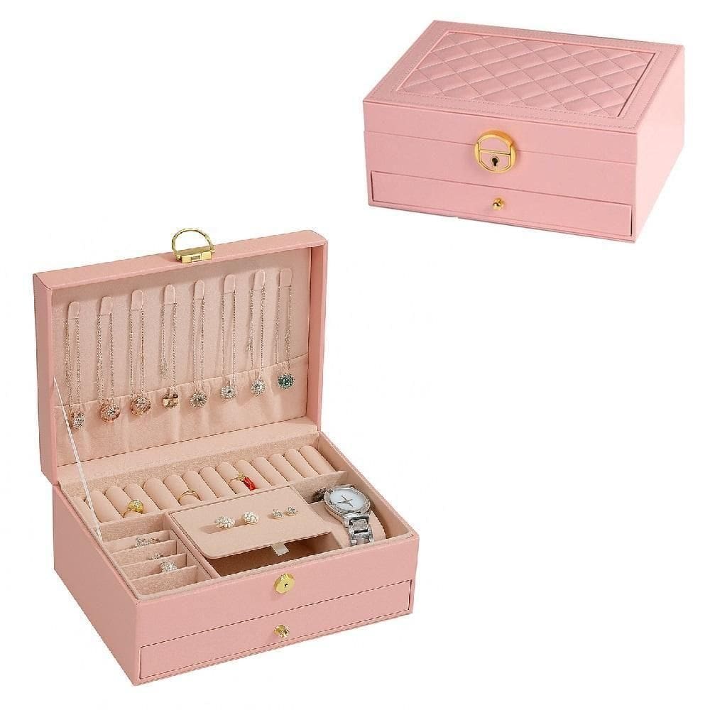 Maleta Porta Joias Organizador Com Gaveta 2 Andares Brincos Aneis Pulseiras Relogio Viagem Rosa