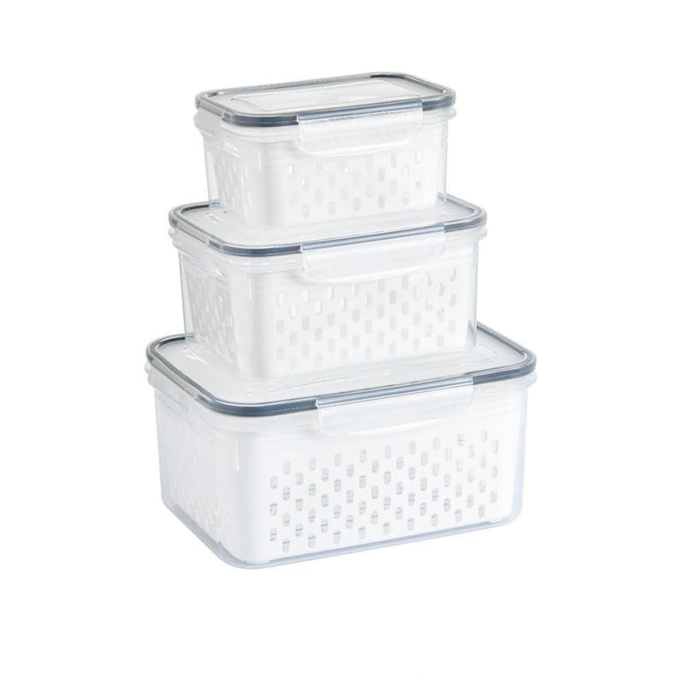 Kit 3 Potes Organizadores Hermetico Com Cesto Drenagem Grande Multiuso Geladeira