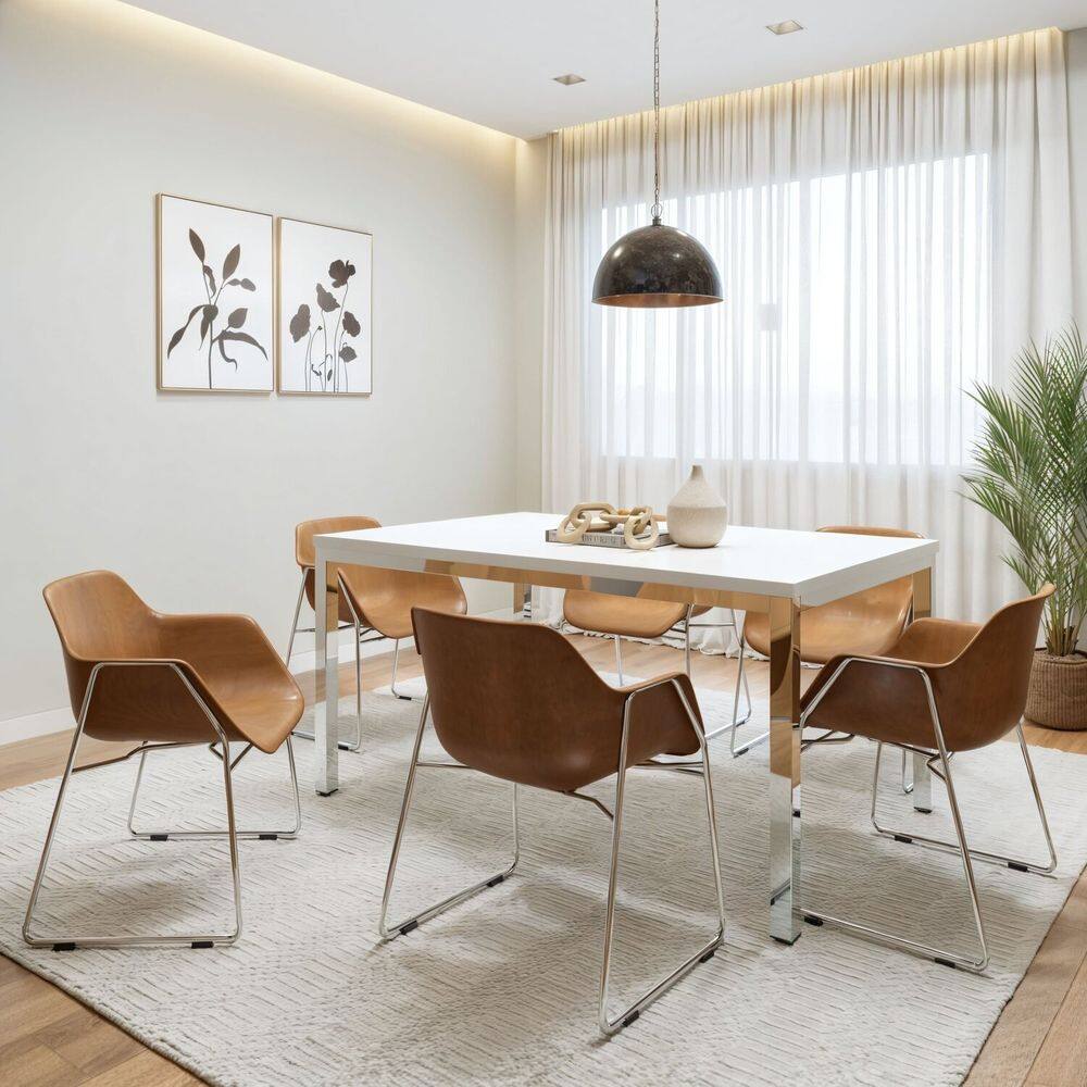 Conjunto Mesa de Jantar Retangular 160cm X 85cm Smart com 6 Cadeiras Lodelô Cromado/ Branco/Serragem