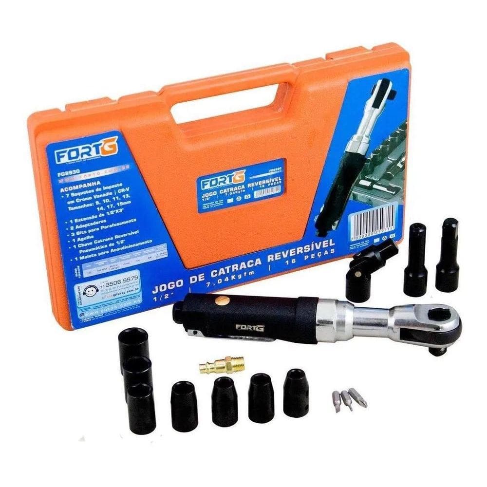 10X Kit Catraca Pneumática Reversível 1/2 Pol. Com 16 Acess