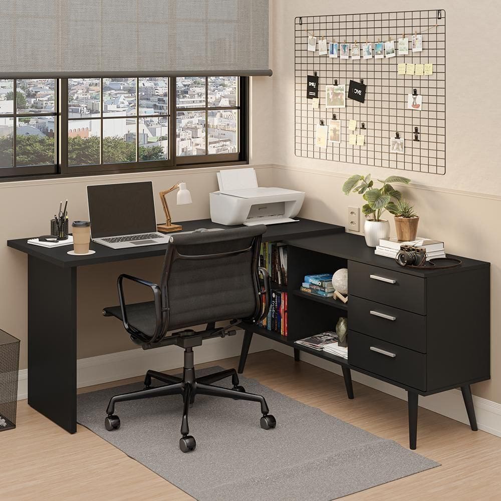 Escrivaninha Mesa De Escritório De Canto 3 Gavetas Preto Lisboa Madesa