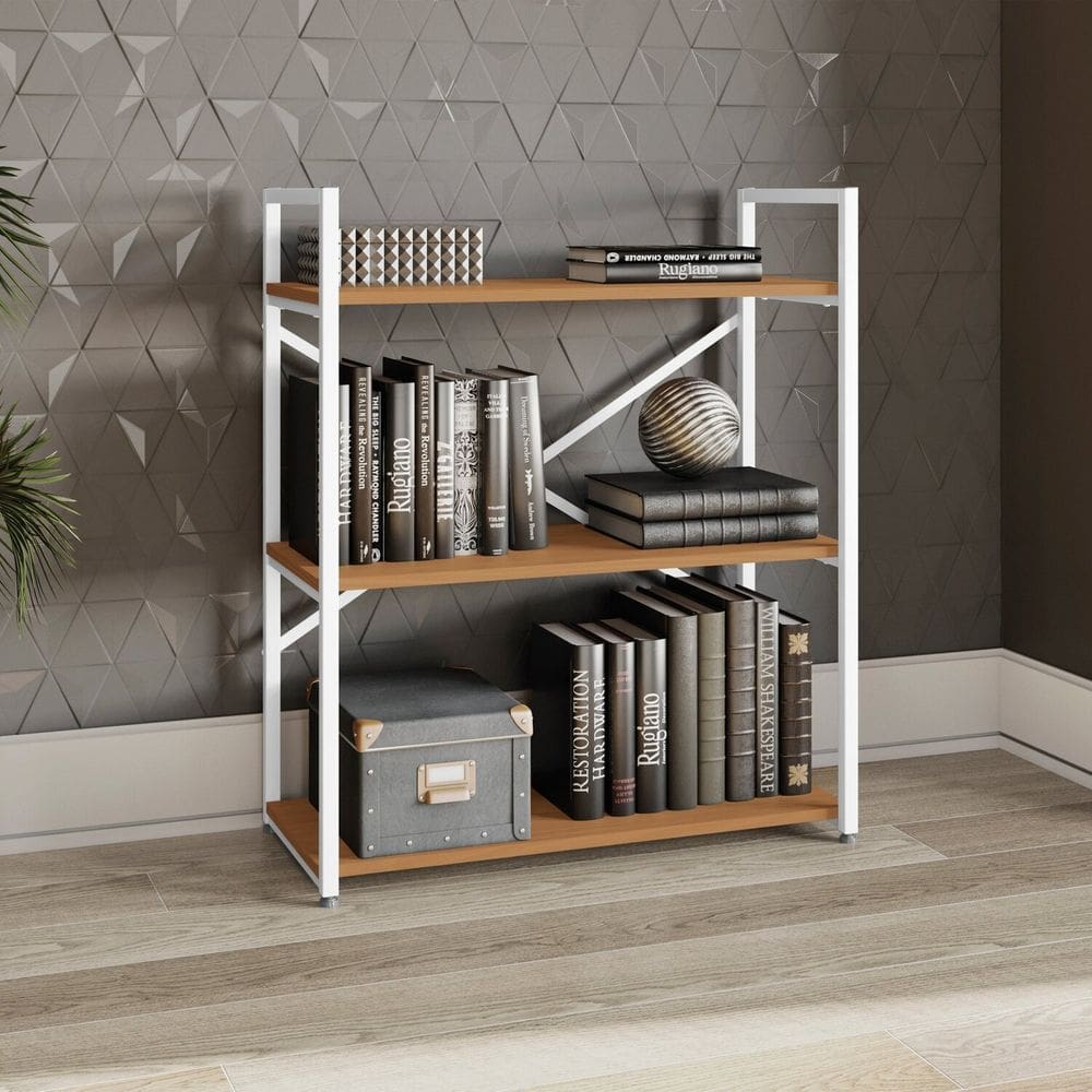 Estante para Livros Baixa 3 Prateleiras 89cm X 72cm Industrial Canela/Branco Brilho