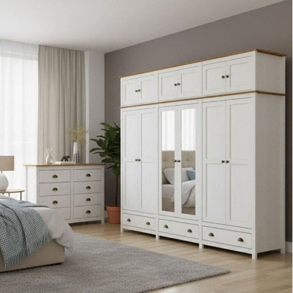Conjunto Guarda-Roupa 12 Portas e Cômoda 8 Gavetas 100% Madeira Maciça - Topázio Finestra Móveis Branco/Freijó