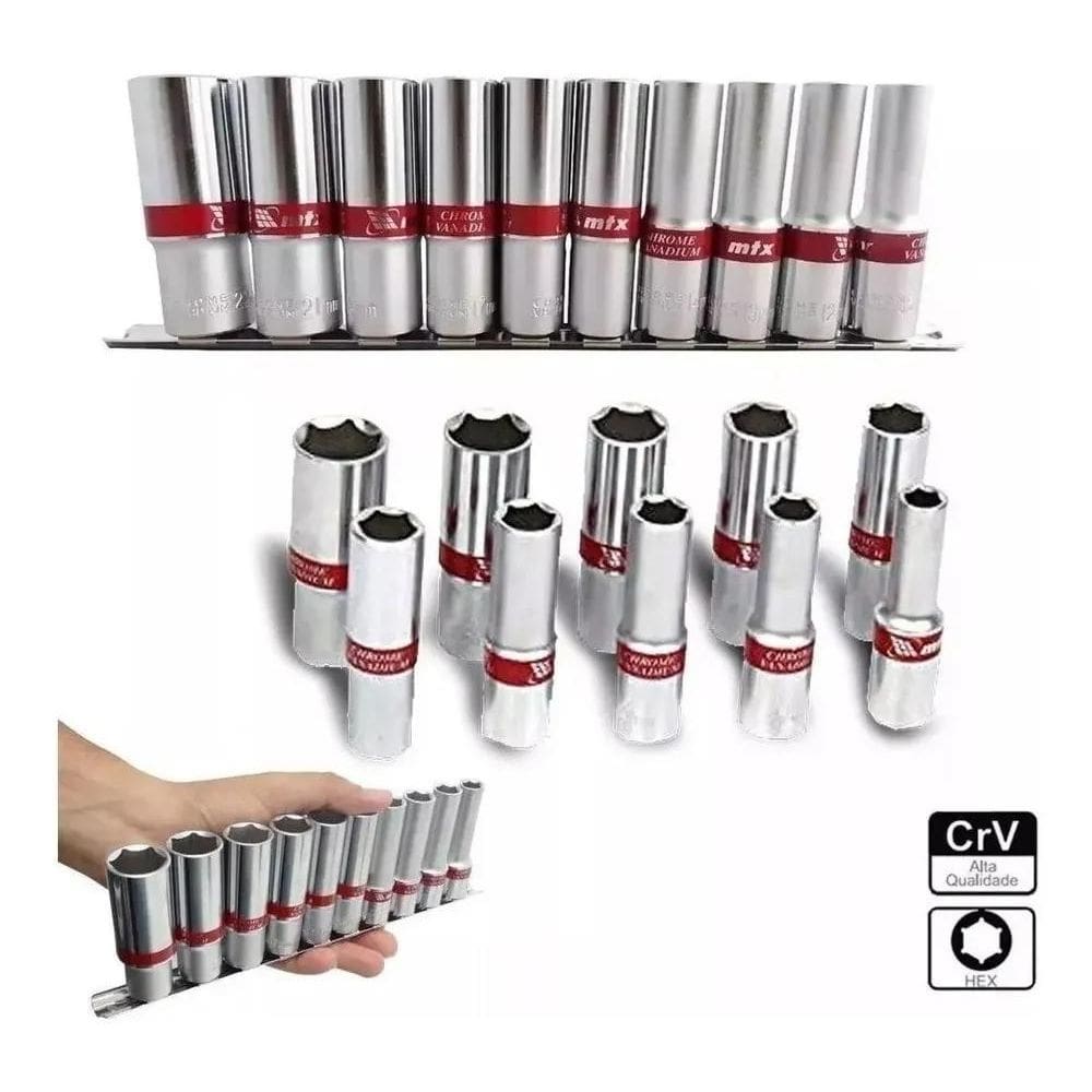 10X Jogo Soquetes Longos 3/8 Sextavados 08 A 19Mm 10 Pcs Cr