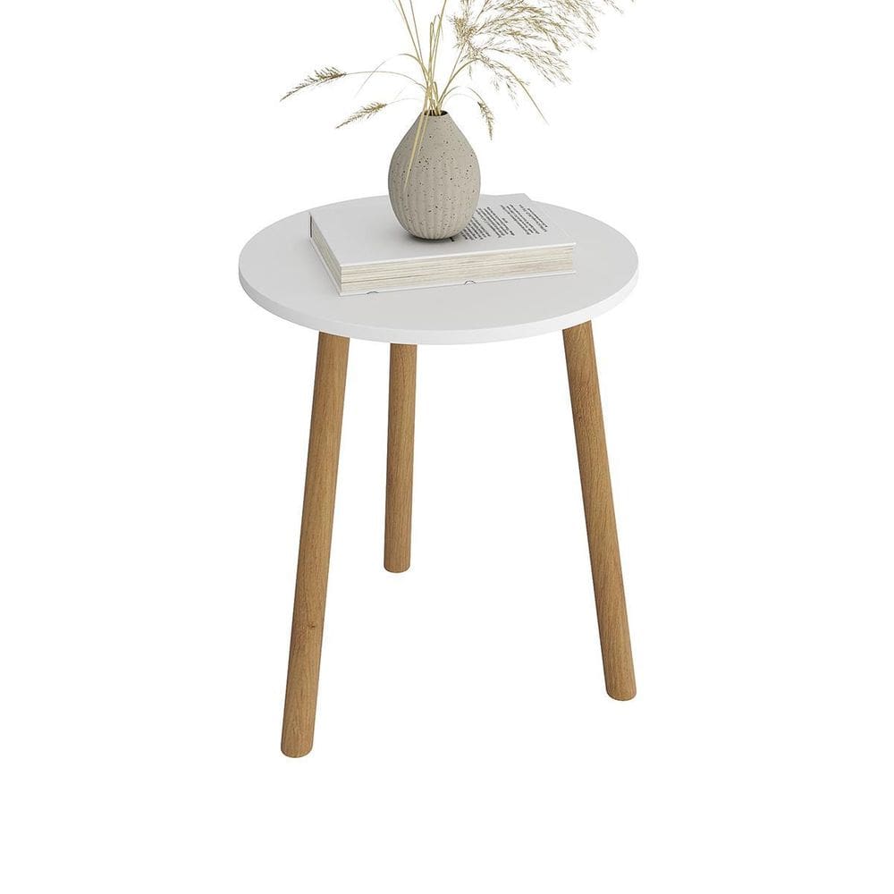 Mesa De Canto Redonda Apoio Pes Palito Sala Luxo - Branco