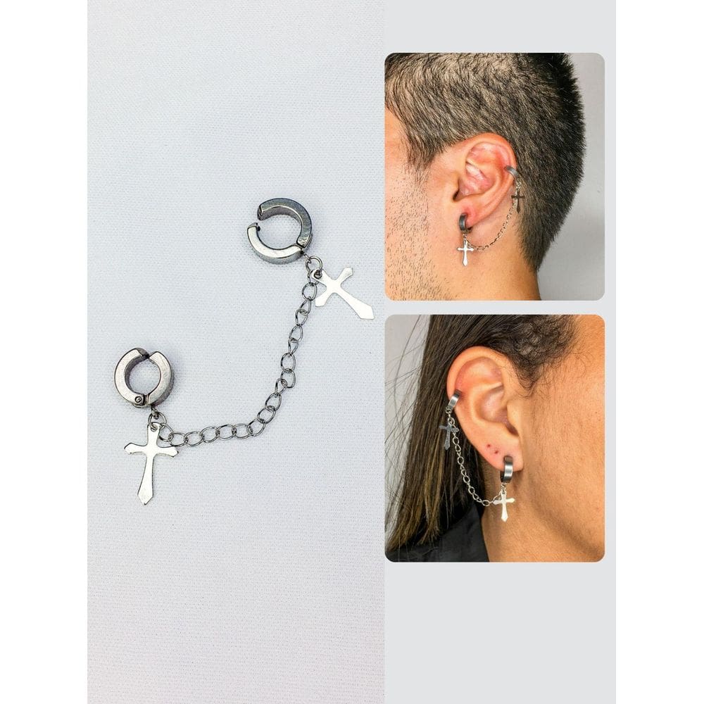 Brinco Argola Prata Masculino Feminino Pressão Corrente Cruz