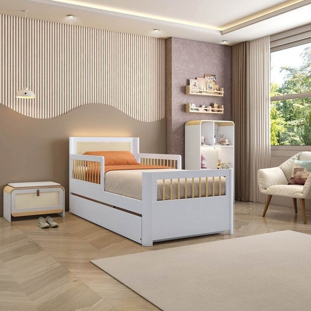 Bicama Solteiro Infantil Reversível Led com Rattan Grade de Proteção Peseira em Palito Wave Casatema Branco