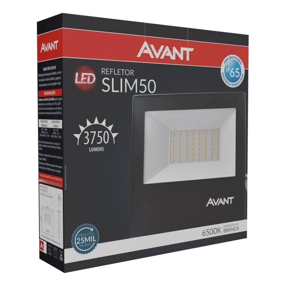 10X Refletor Led Slim 50W Bivolt Branco Frio 6500K Avant