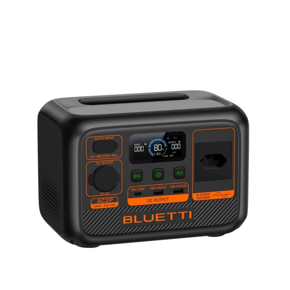 Estação de Energia Portátil BLUETTI AC2P 300W,230Wh Power Bank Solar LiFePO4, Carregamento Turbo 70min, Saída AC,DC,USBC 100W
