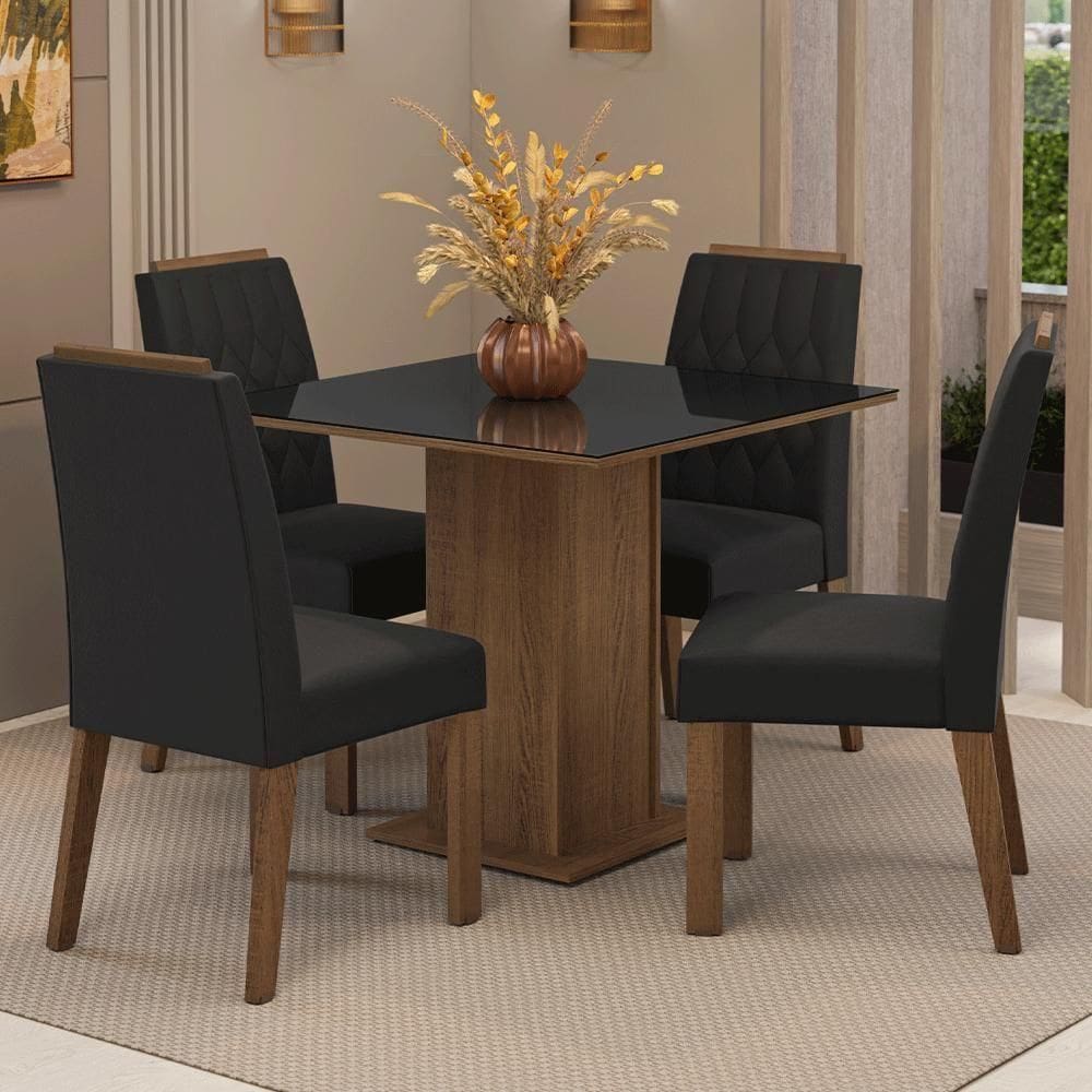 Conjunto Sala De Jantar Tampo De Vidro 4 Cadeiras Rustic/preto/oxford Capri Madesa