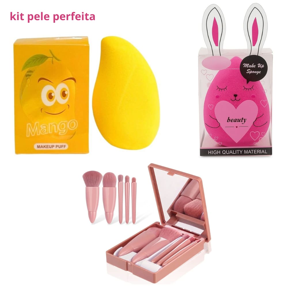 Kit Pele Perfeita – Esponja de Maquiagem Manga + Esponja Gota + Mini Kit de Pincéis com Estojo