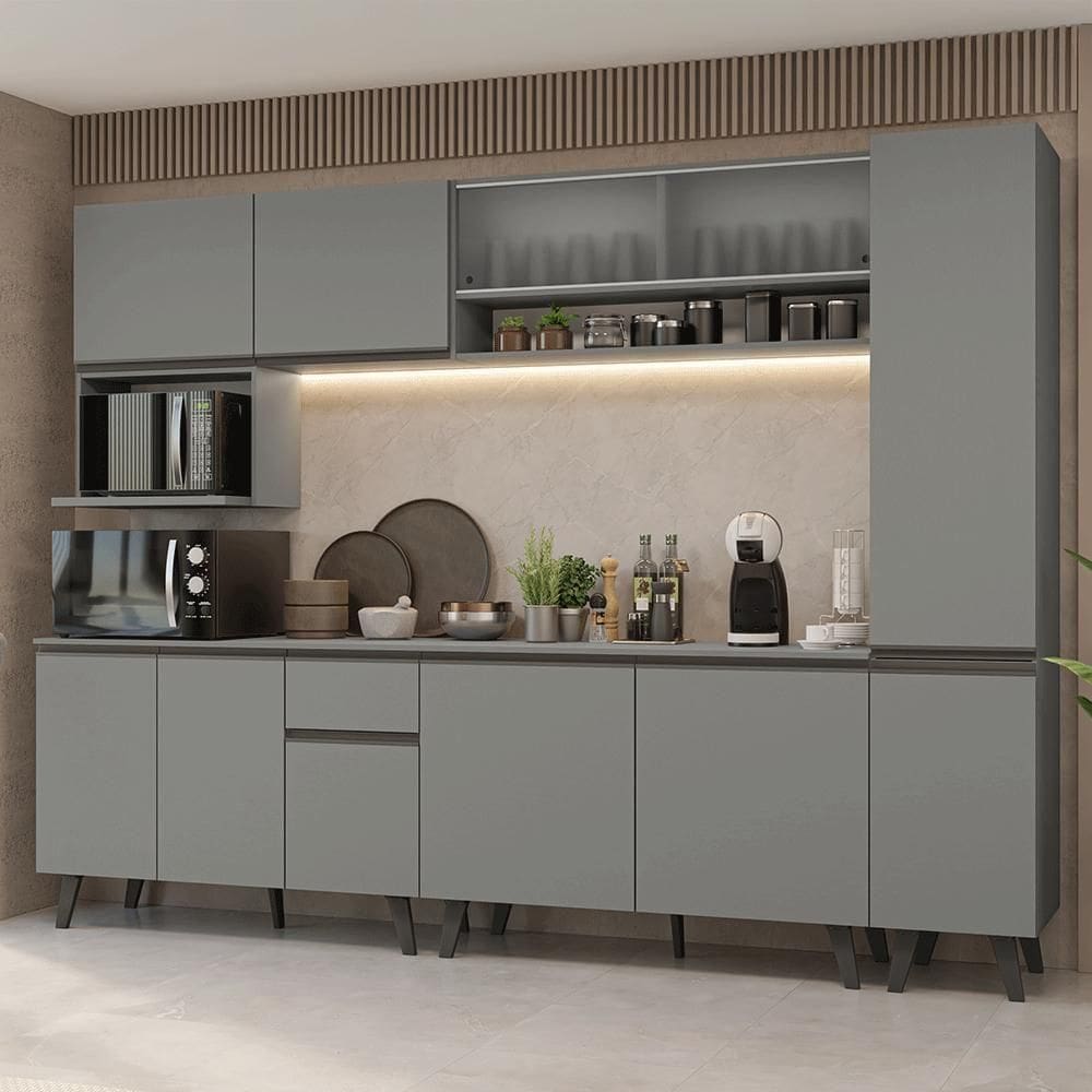 Armário De Cozinha Completa 280 Cm Cinza Nice Madesa 02