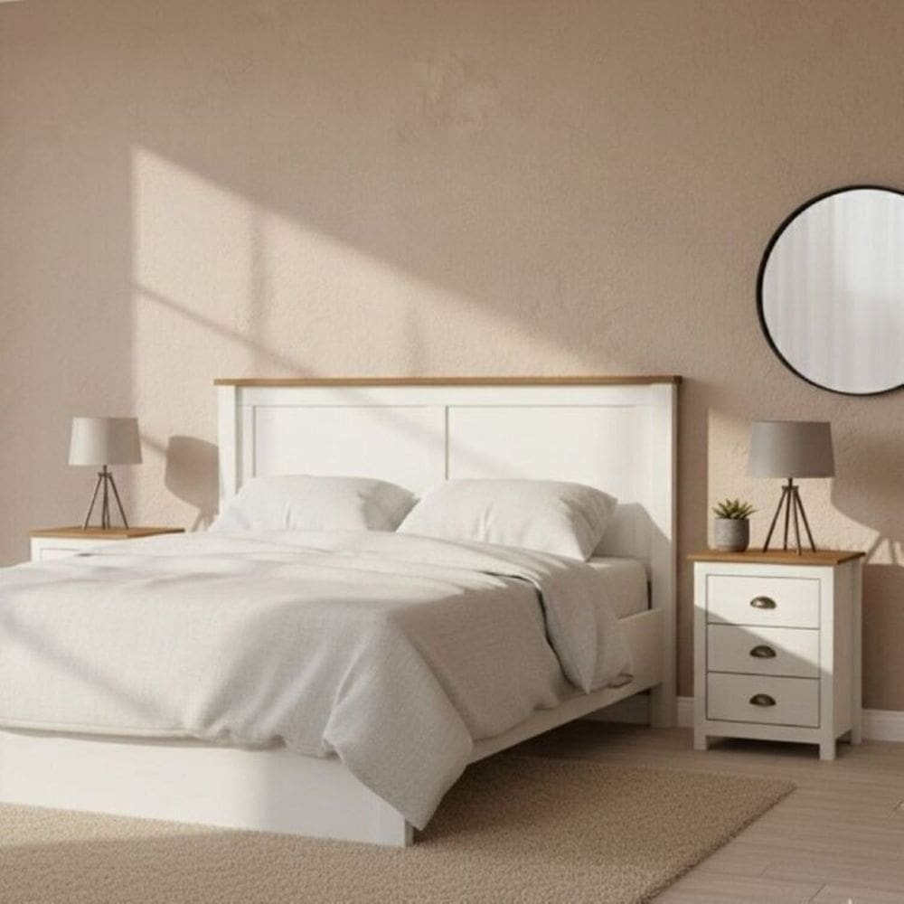 Conjunto 2 Mesas de Cabeceira e 1 Cabeceira 100% Madeira Maciça - Topázio Finestra Móveis  Branco/Freijó