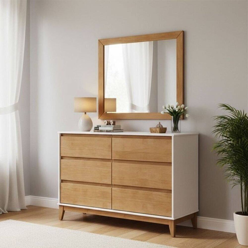 Conjunto Cômoda 6 Gavetas + Moldura com espelho – Madeira Maciça e MDF – Linha Prata Finestra Móveis Off White/Freijó