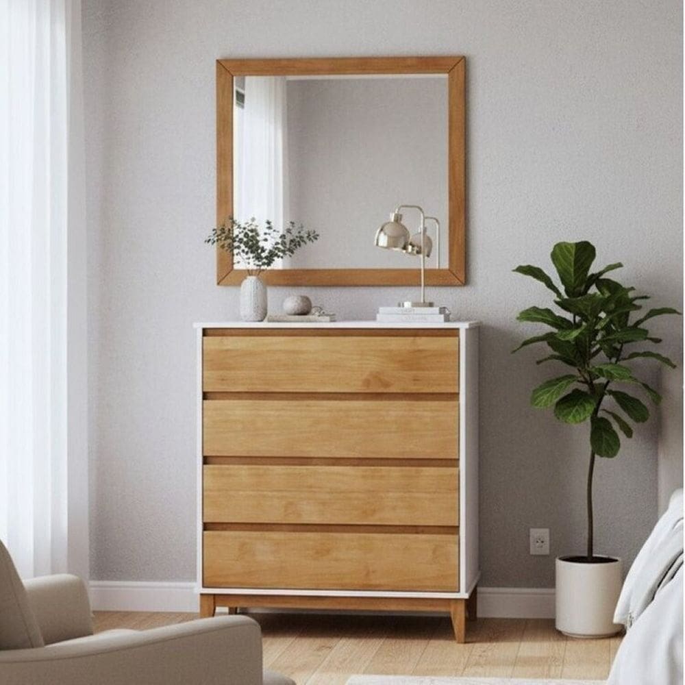 Conjunto Cômoda 4 Gavetas + Moldura com espelho – Madeira Maciça e MDF – Linha Prata Finestra Móveis Off White/Freijó