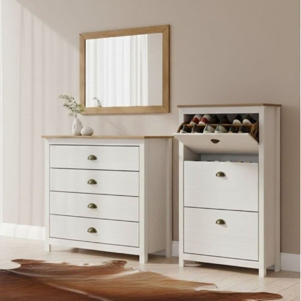 Conjunto Sapateira + Cômoda 4 Gavetas + Moldura com Espelho 100% Madeira Maciça - Topázio Branco/Freijó