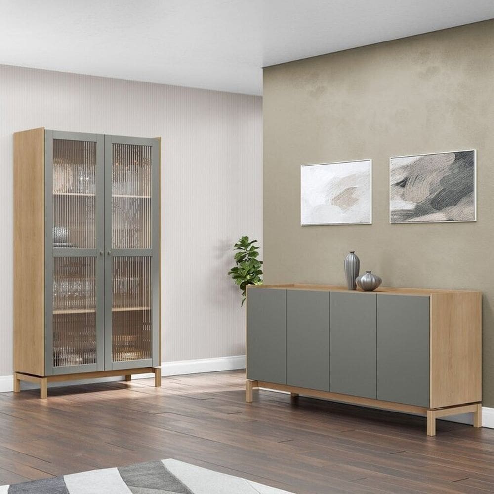 Conjunto Cristaleira e Balcão Barcelona em Madeira Maciça - Finestra Móveis Oak/Ferrolack