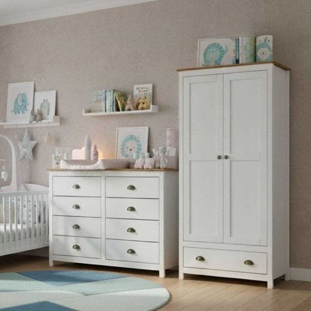 Conjunto Infantil Guarda-Roupa 2 Portas e Cômoda 8 Gavetas 100% Madeira Maciça - Topázio Finestra Branco/Freijó