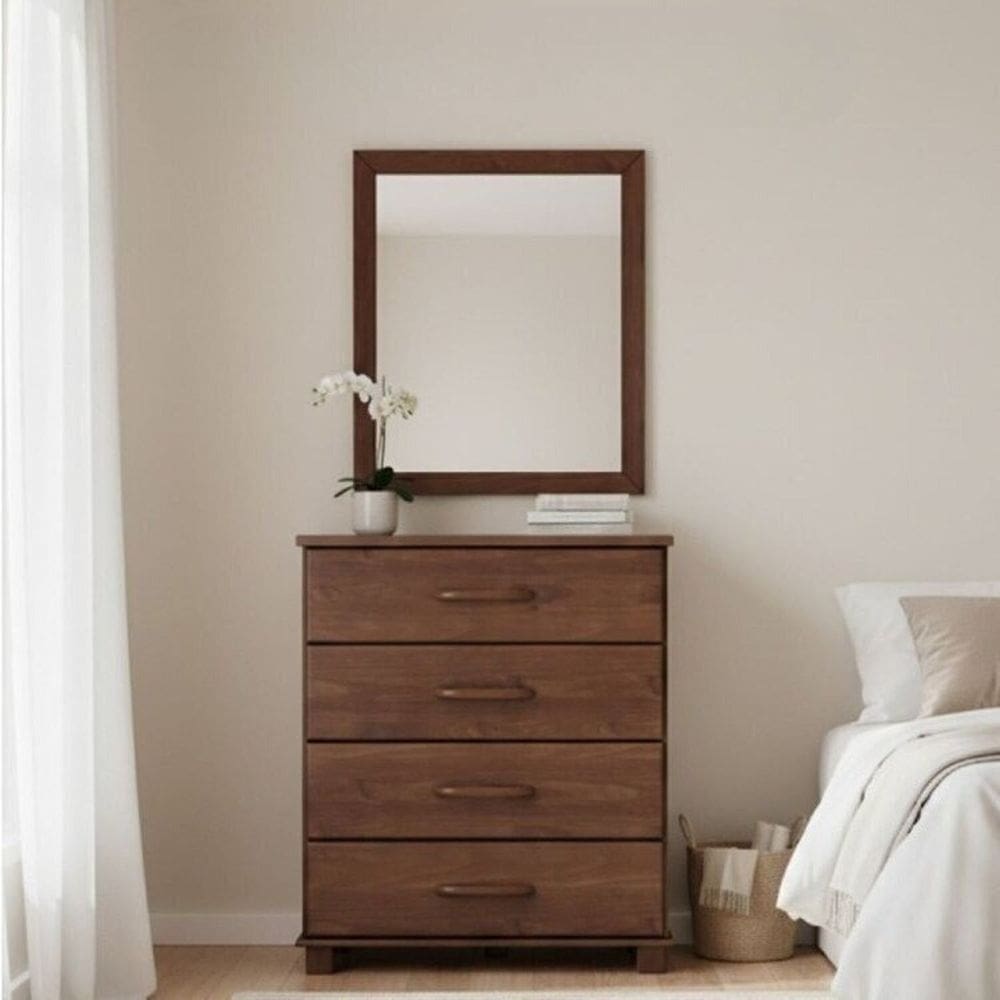 Conjunto Cômoda 4 Gavetas + Moldura com Espelho 100% Madeira Maciça - Linha Ouro Finestra Móveis Café