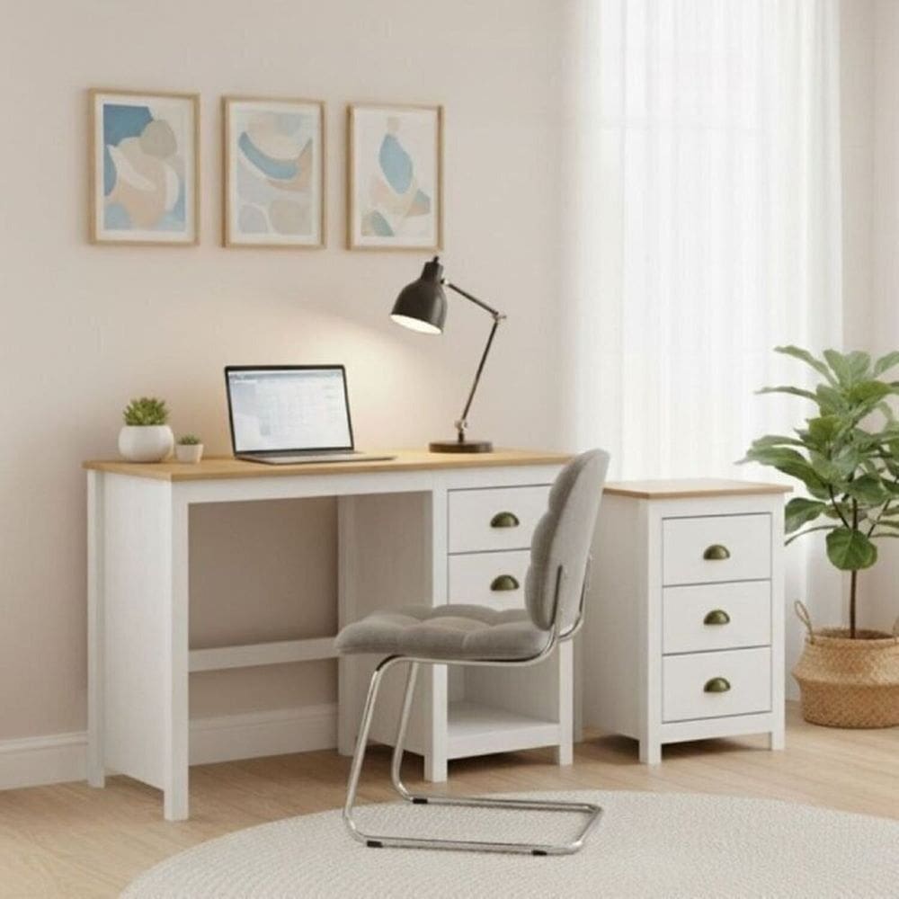 Conjunto para Escritório Escrivaninha + Gaveteiro 100% Madeira Maciça - Topázio Finestra Móveis Branco/Freijó