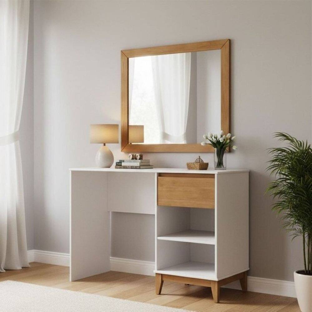 Conjunto Escrivaninha + Moldura com espelho – Madeira Maciça e MDF - Linha Prata Finestra Móveis Off White/Freijó