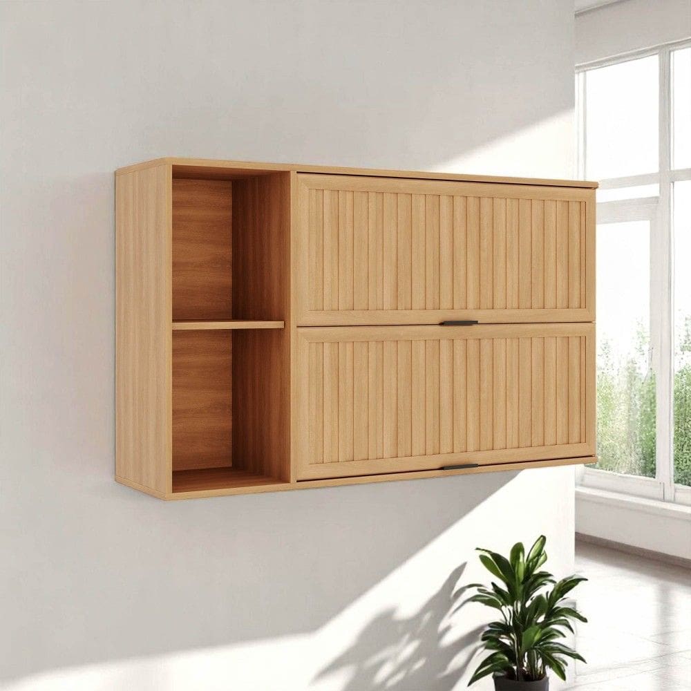 Armário Aéreo Castanha 1200mm com 2 Portas Ripadas Cinza/Freijó